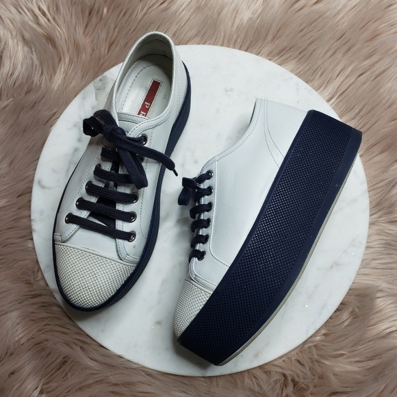 Prada Linea White & Navy Platform Sneakers - Picture 2 of 8